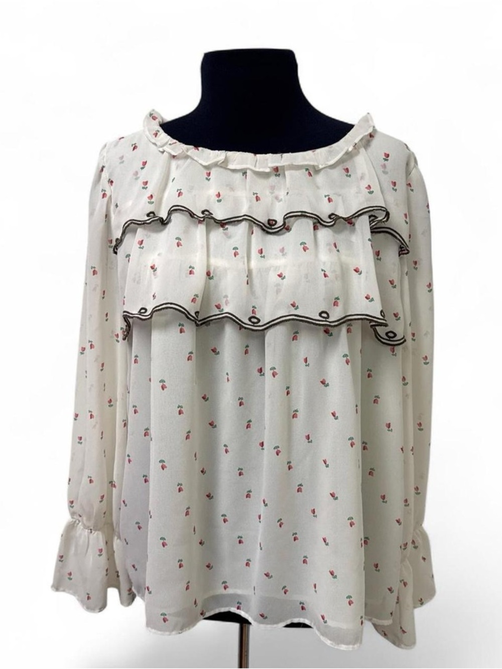 LOFT Long Sleeve Blouse in White with Pink Flowers